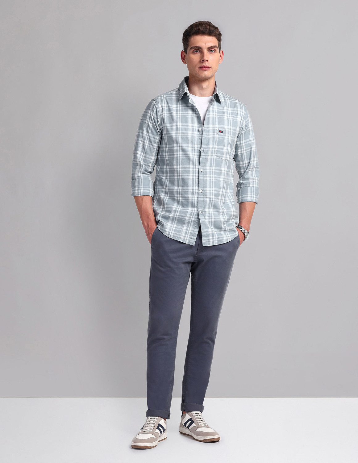 Image of AD by Arvind Men Checkered Casual Grey Shirt