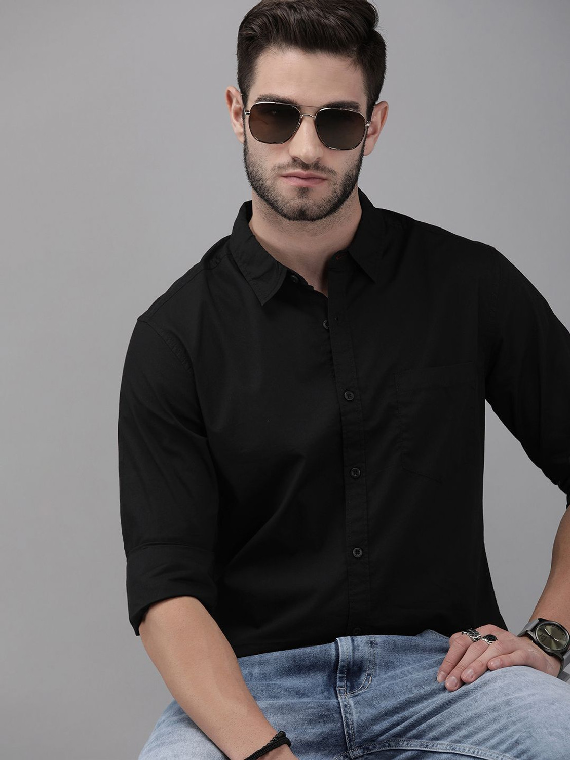 Image of Roadster Men Solid Casual Black Shirt