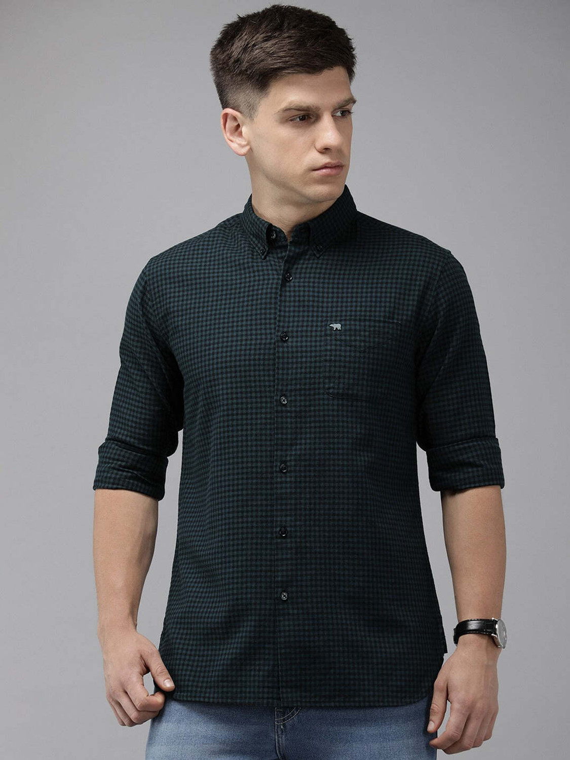 Image of THE BEAR HOUSE Men Checkered Casual Dark Blue, Black Shirt