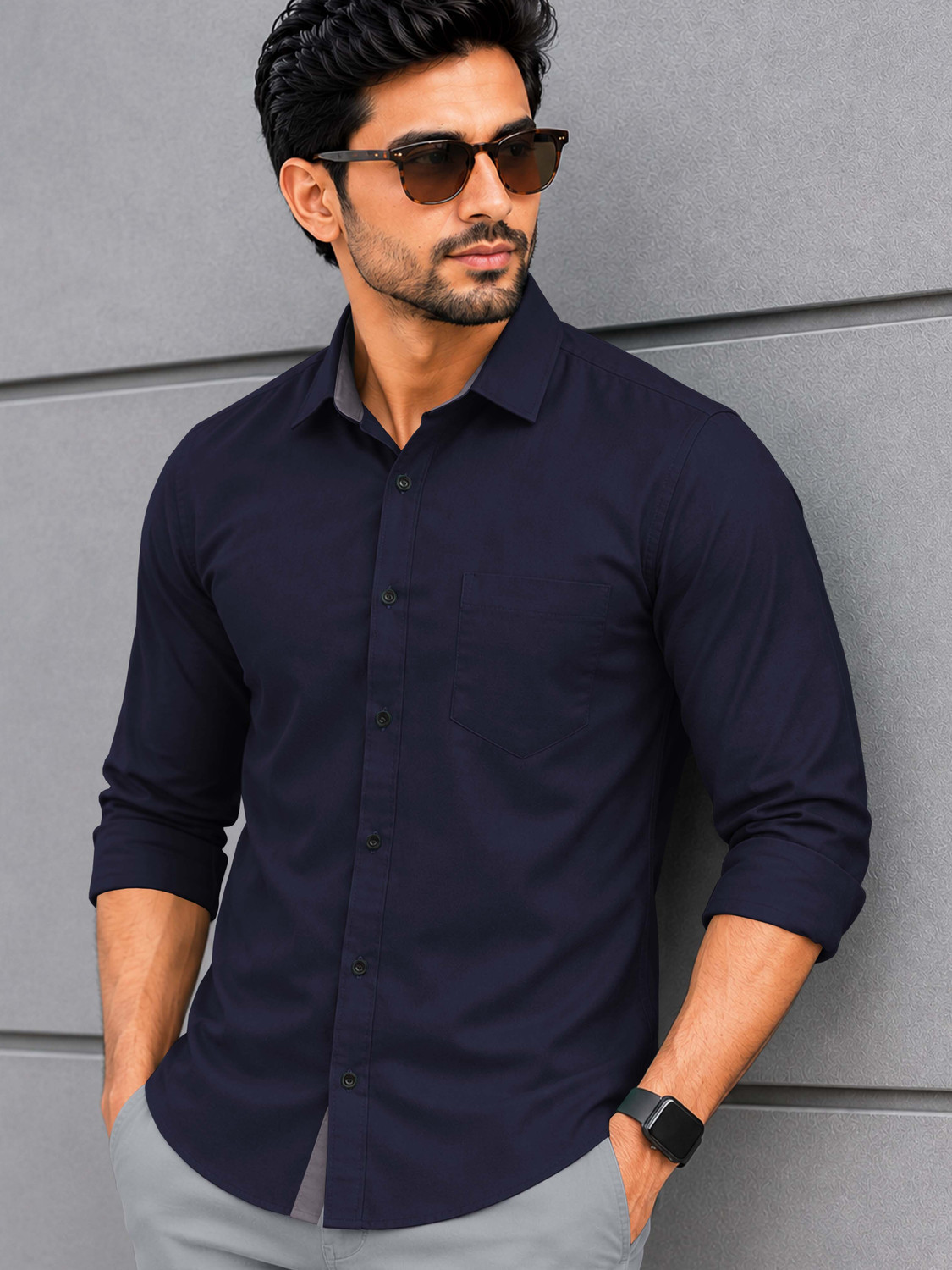 Image of VeBNoR Men Solid Casual Dark Blue Shirt
