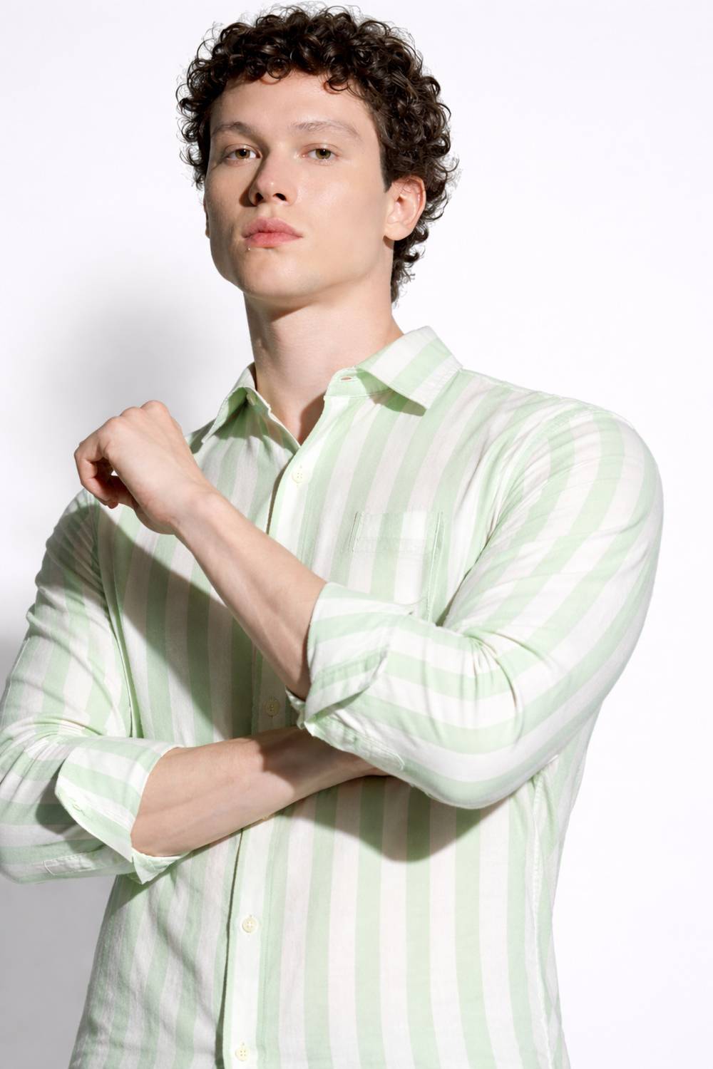 CAMBREEN Men Striped Casual White, Green Shirt
