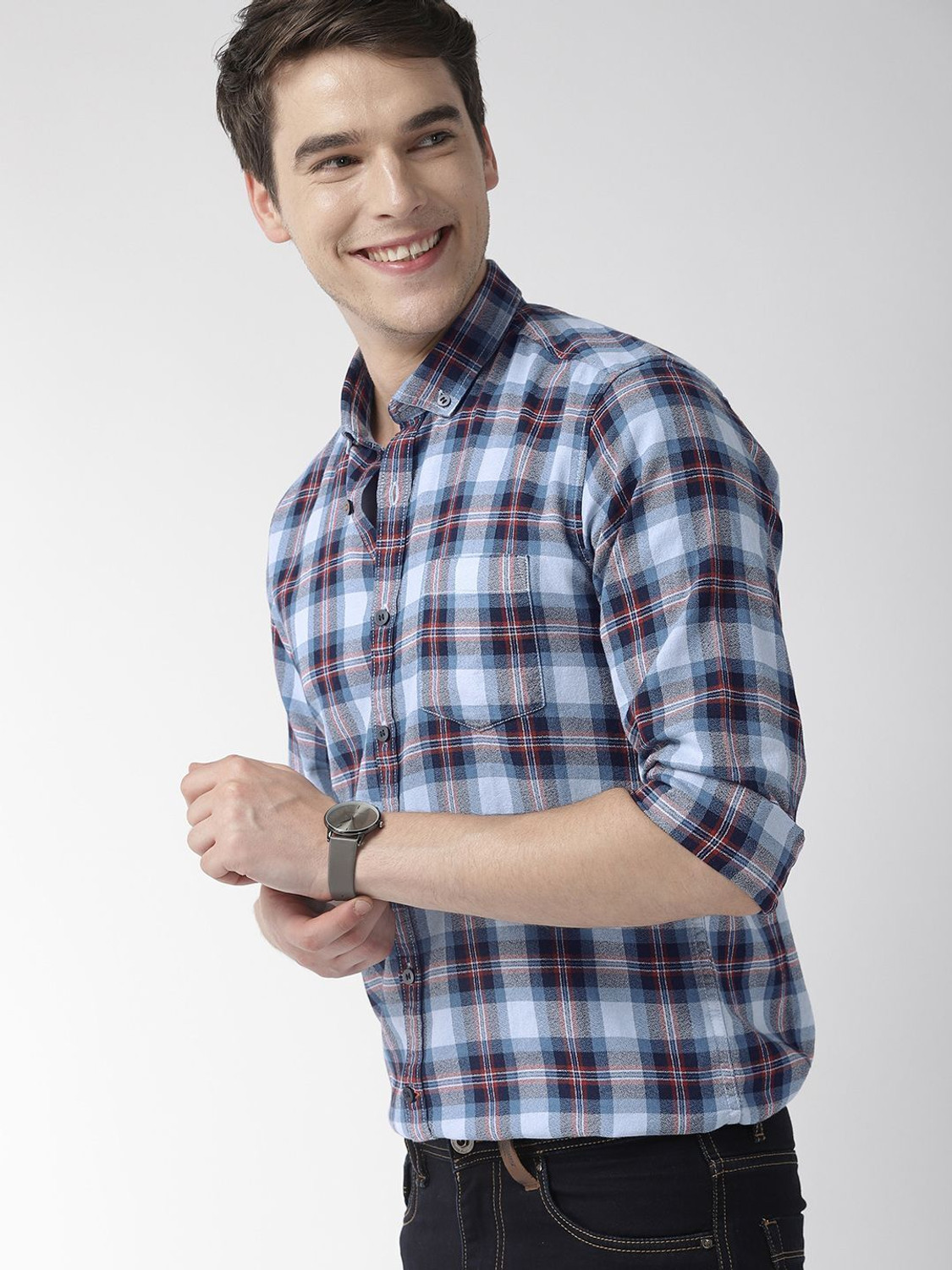 Image of Mast & Harbour Men Checkered Casual Blue Shirt