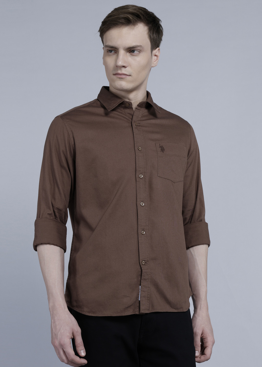 Image of U.S. POLO ASSN. Men Solid Casual Brown Shirt