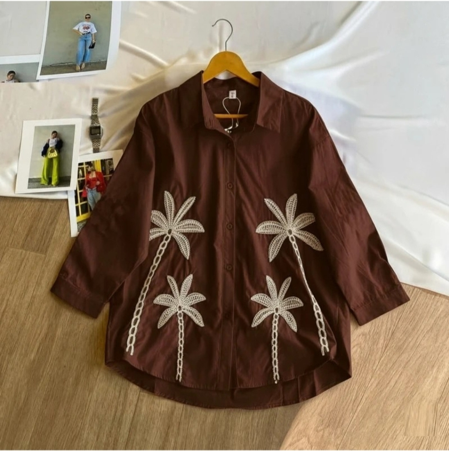 Image of weaRial Women Embroidered Casual Brown Shirt