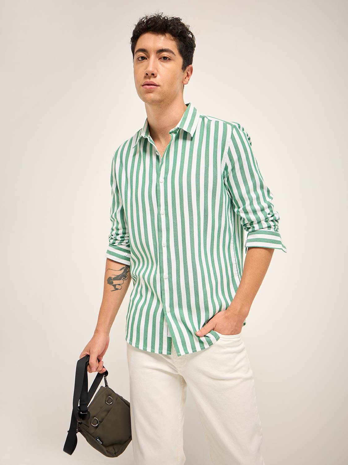 THE BEAR HOUSE Men Striped Casual Green Shirt