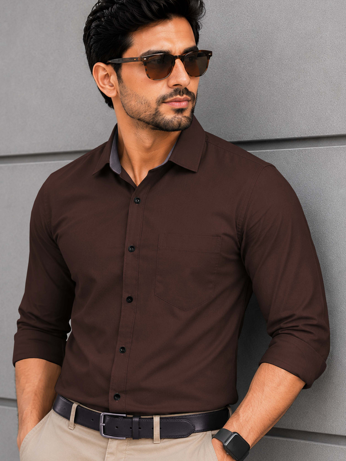Image of VeBNoR Men Solid Casual Brown Shirt