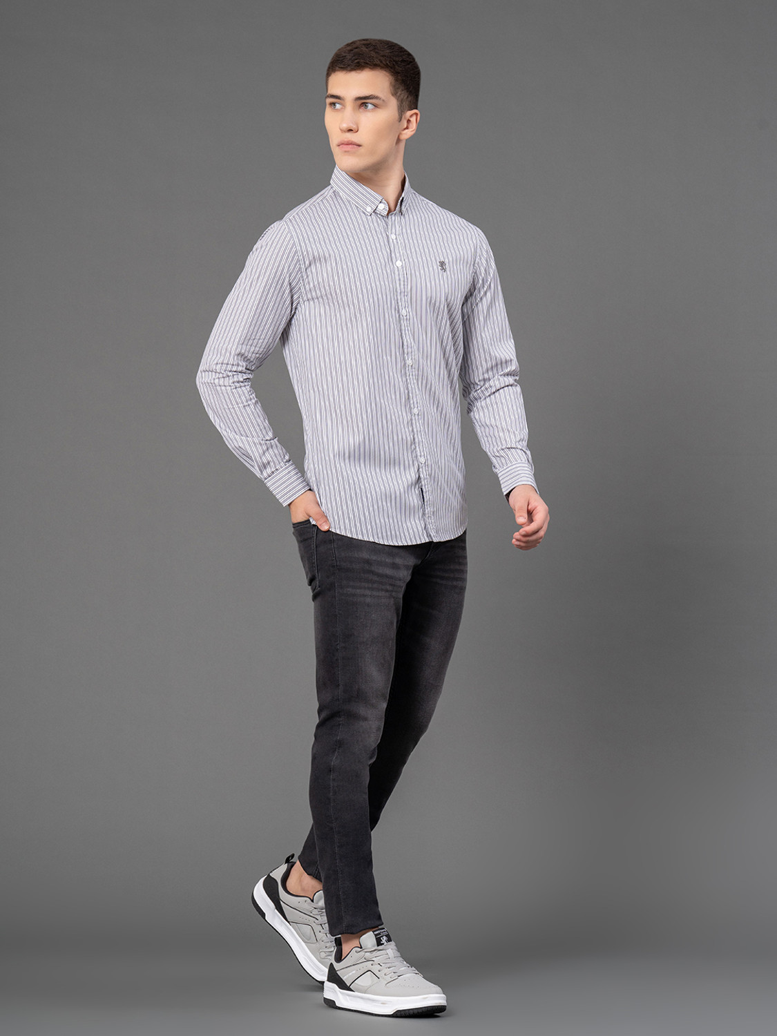 Image of RED TAPE Men Striped Casual Grey Shirt