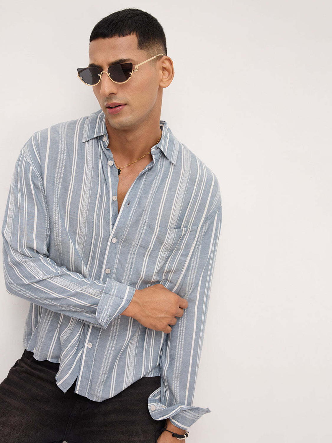 Image of VASTRADO Men Oversized Fit Striped Cut Away Collar Casual Shirt