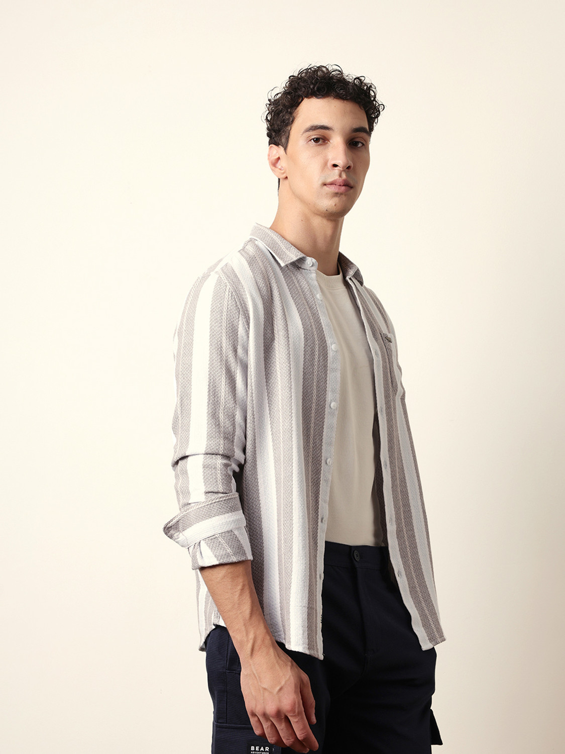 Image of THE BEAR HOUSE Men Striped Casual Grey Shirt