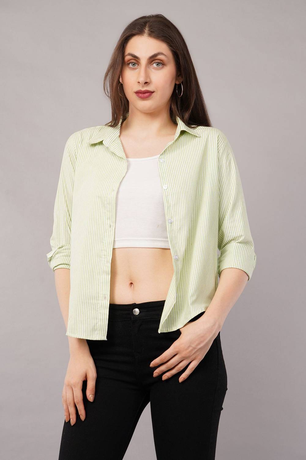 swaggish Women Striped Casual Green Shirt