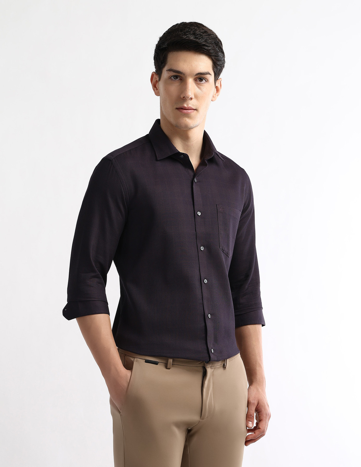 Image of ARROW Men Self Design Formal Purple Shirt