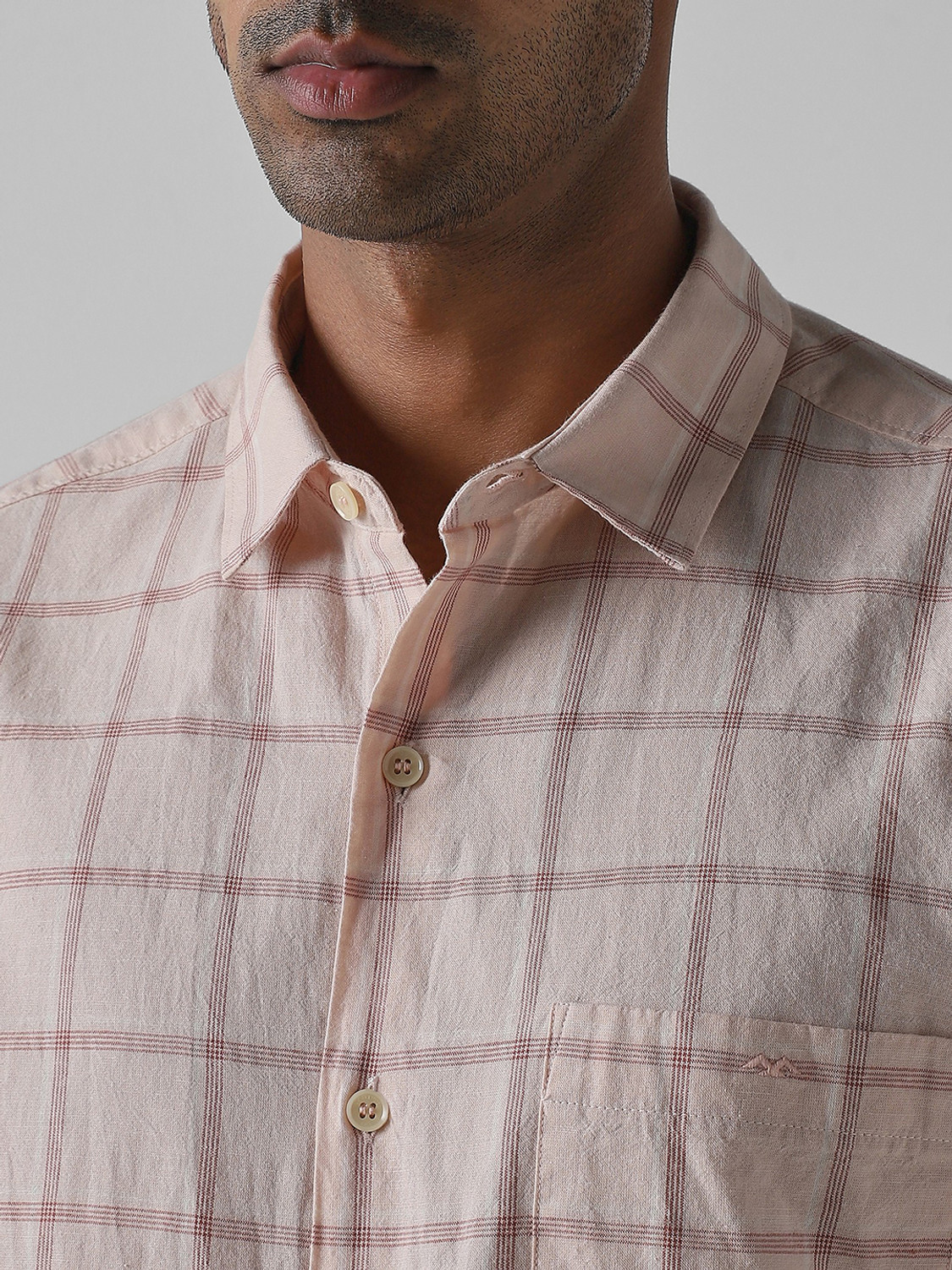Image of MUFTI Men Checkered Casual Pink Shirt