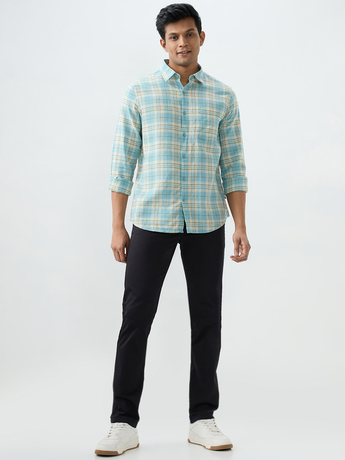 Image of Spykar Men Checkered Casual Blue Shirt