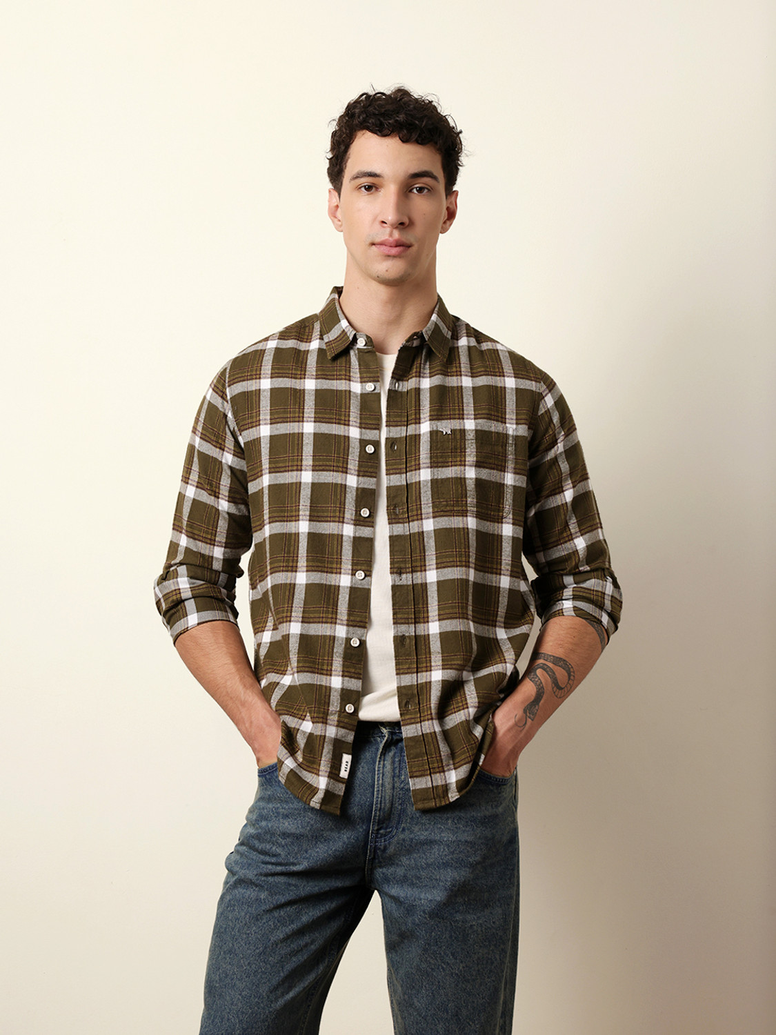 Image of THE BEAR HOUSE Men Checkered Casual Green Shirt