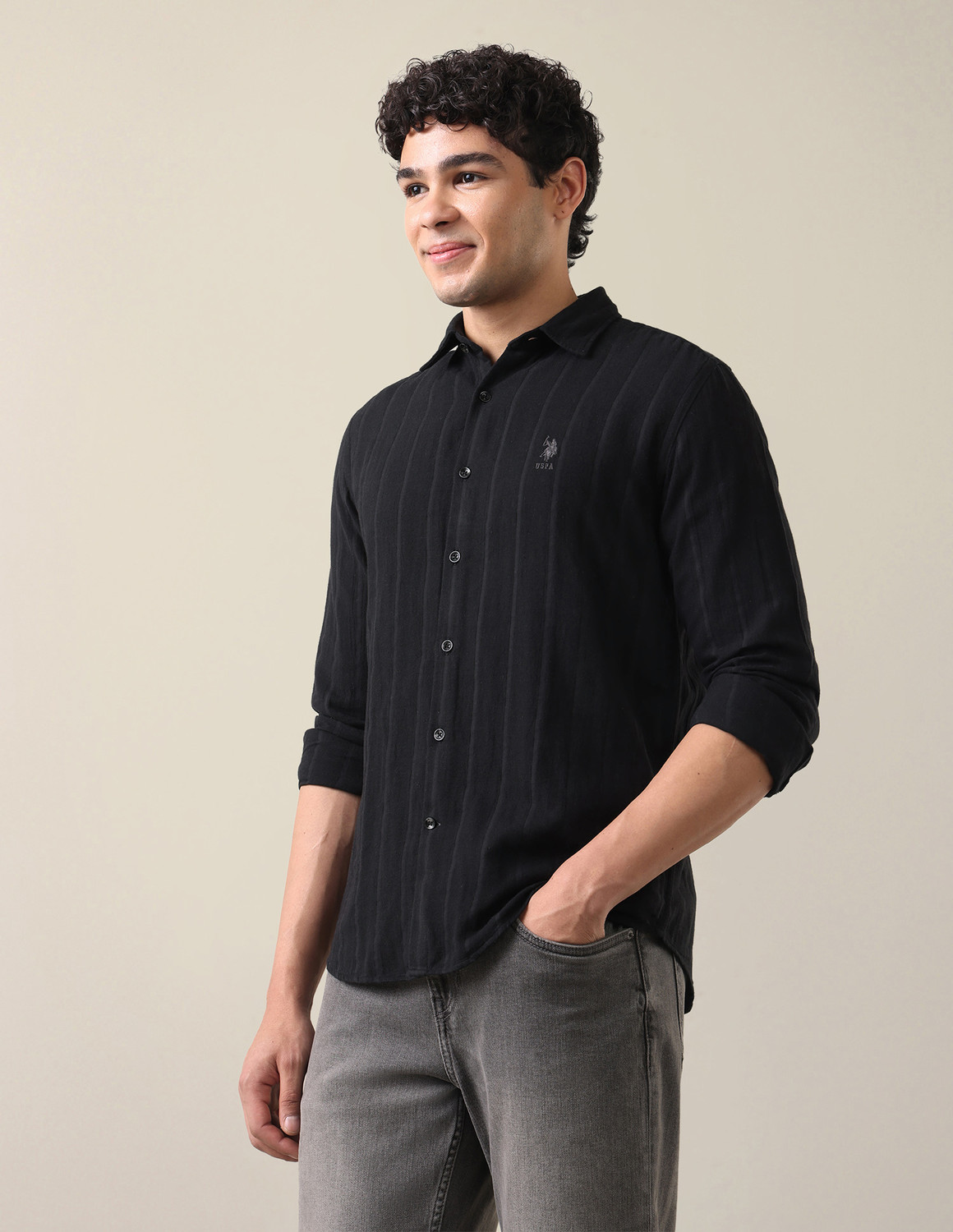 Image of U.S. Polo Assn. Denim Co. Men Regular Fit Self Design Spread Collar Casual Shirt