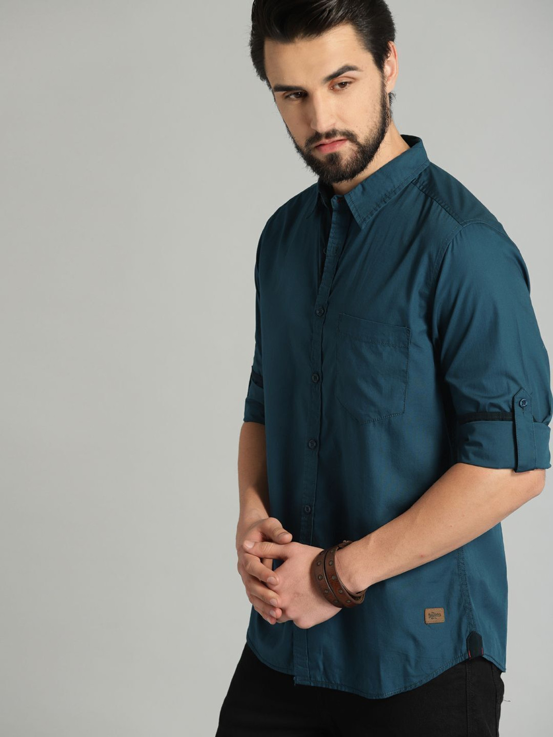 Image of Roadster Men Solid Casual Dark Blue Shirt