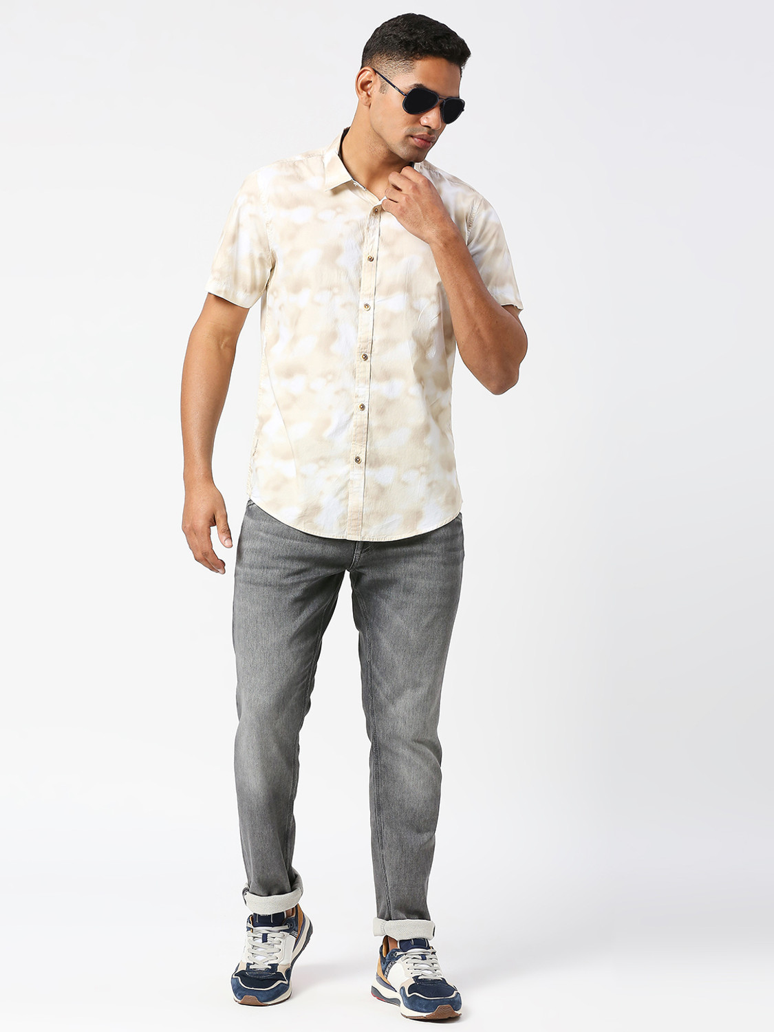 Image of Pepe Jeans Men Printed Casual Beige Shirt