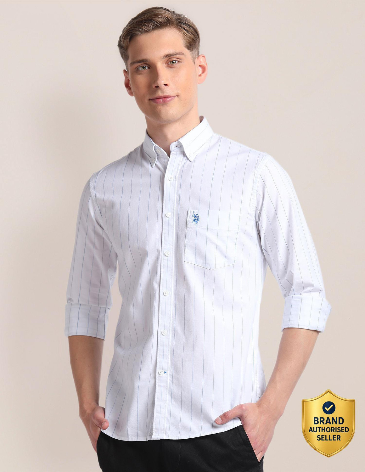 Image of U.S. POLO ASSN. Men Striped Casual White, Blue Shirt