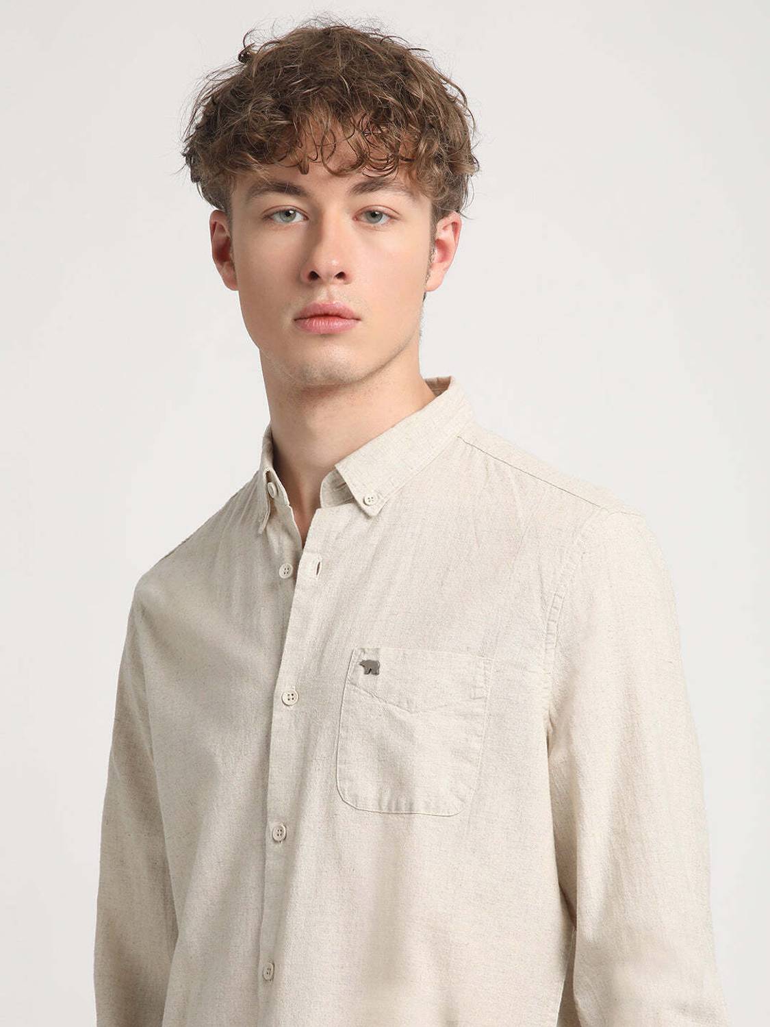 THE BEAR HOUSE Men Solid Casual Cream Shirt
