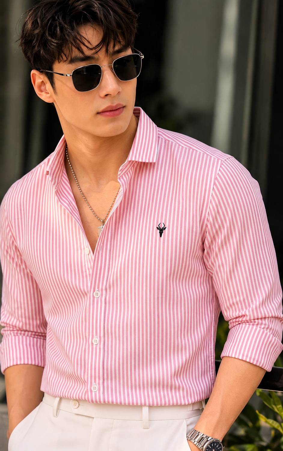spela Men Pink, White Striped Casual Shirt - Image 1