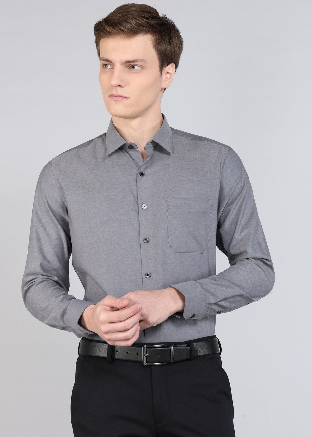 Image of LOUIS PHILIPPE Men Solid Formal Grey Shirt