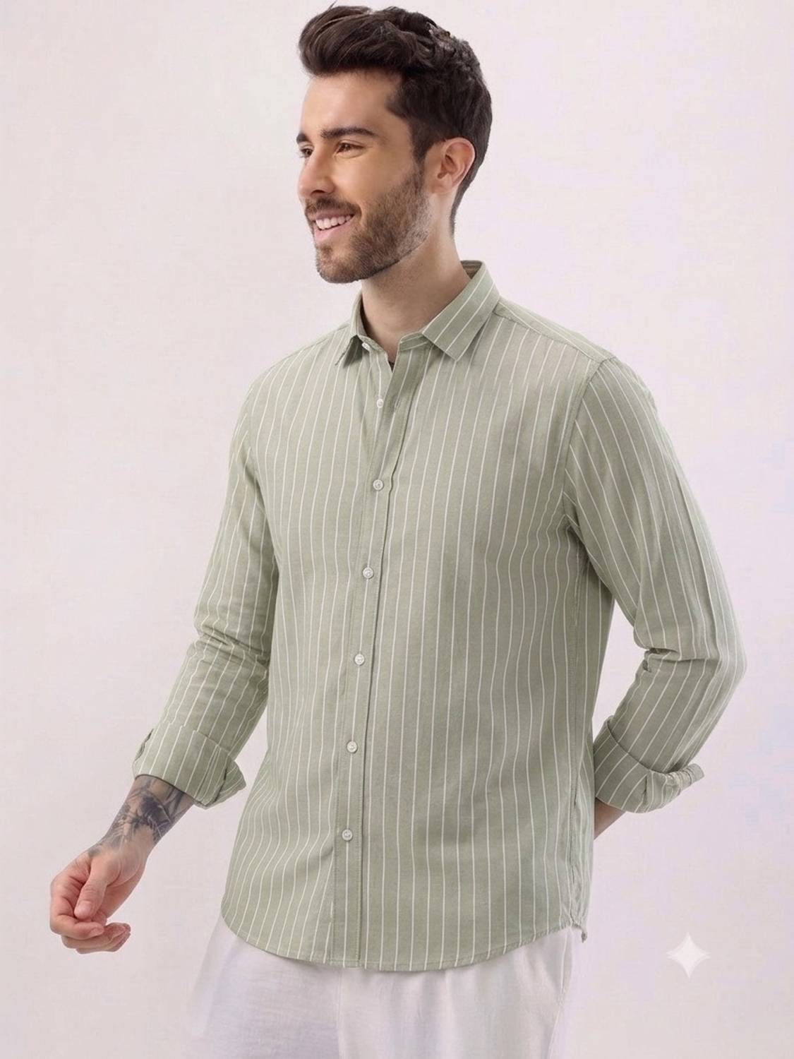 Roadster Men Light Green Striped Shirt - Image 3