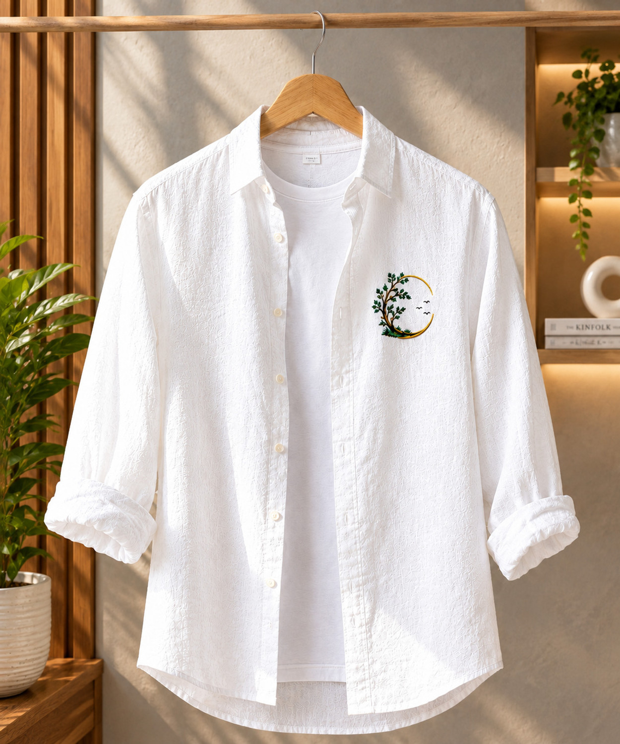Image of GLANZY Men Regular Fit Embroidered Spread Collar Casual Shirt