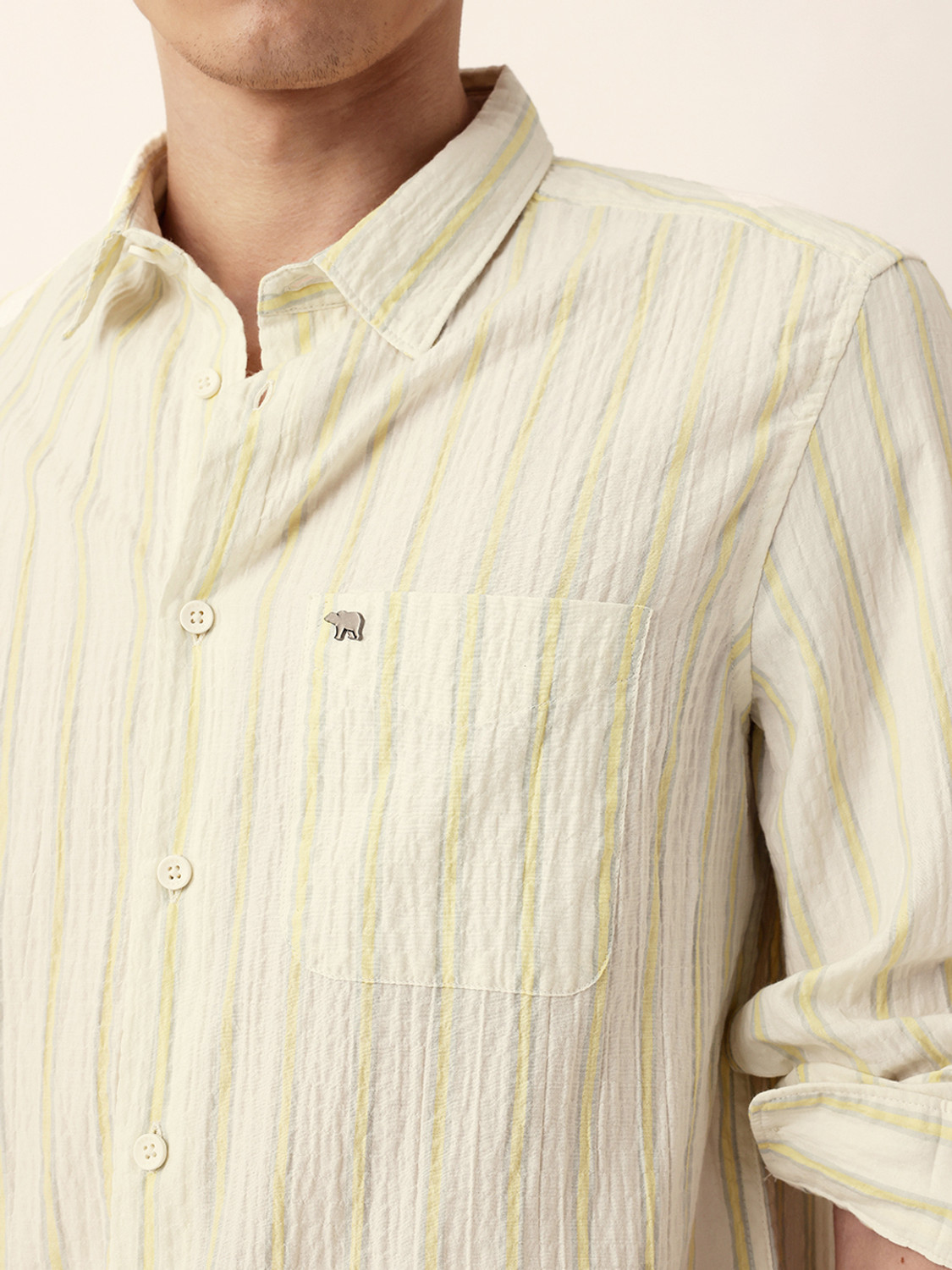 Image of THE BEAR HOUSE Men Striped Casual Yellow Shirt