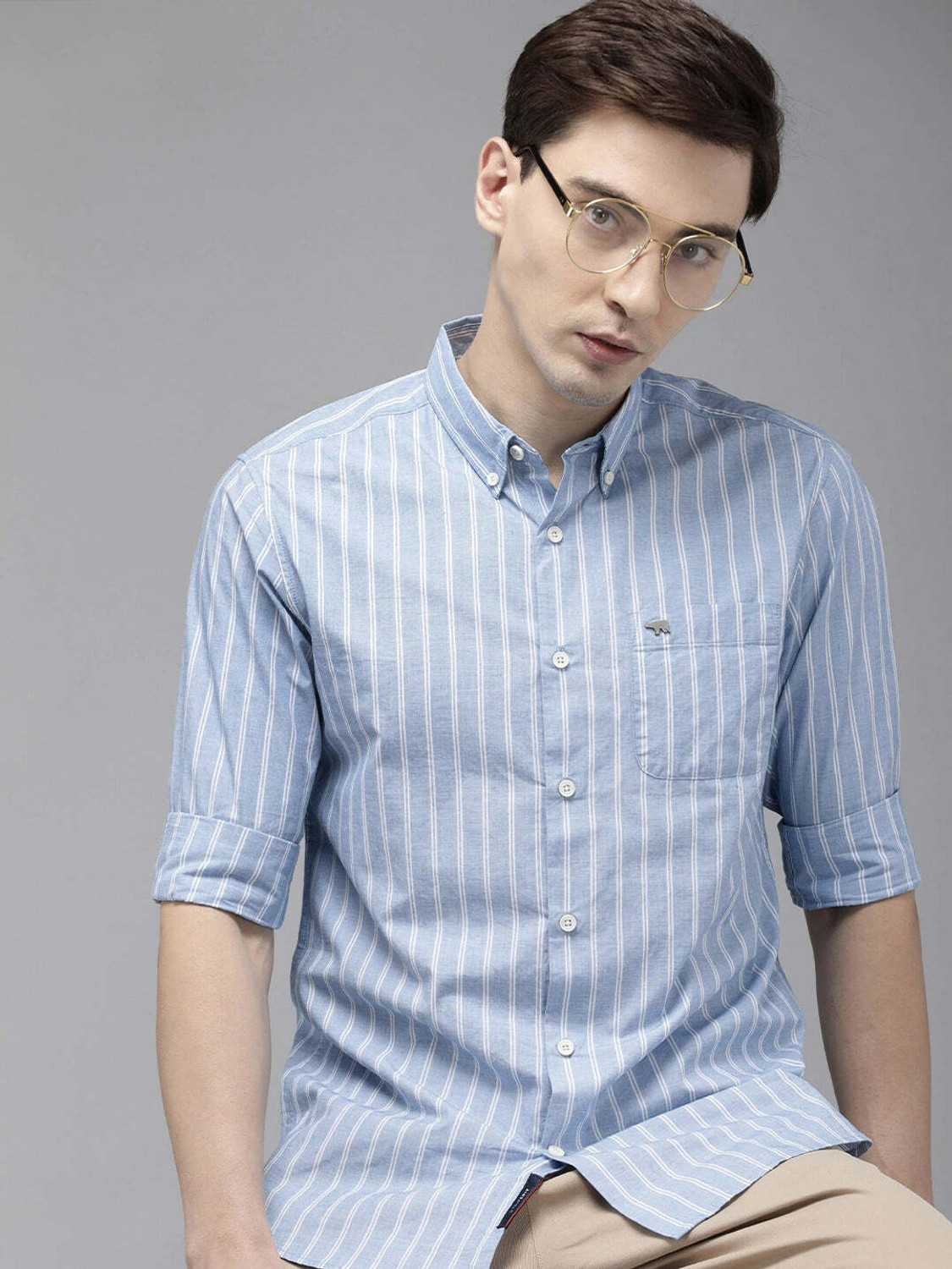 Image of THE BEAR HOUSE Men Striped Casual Blue Shirt