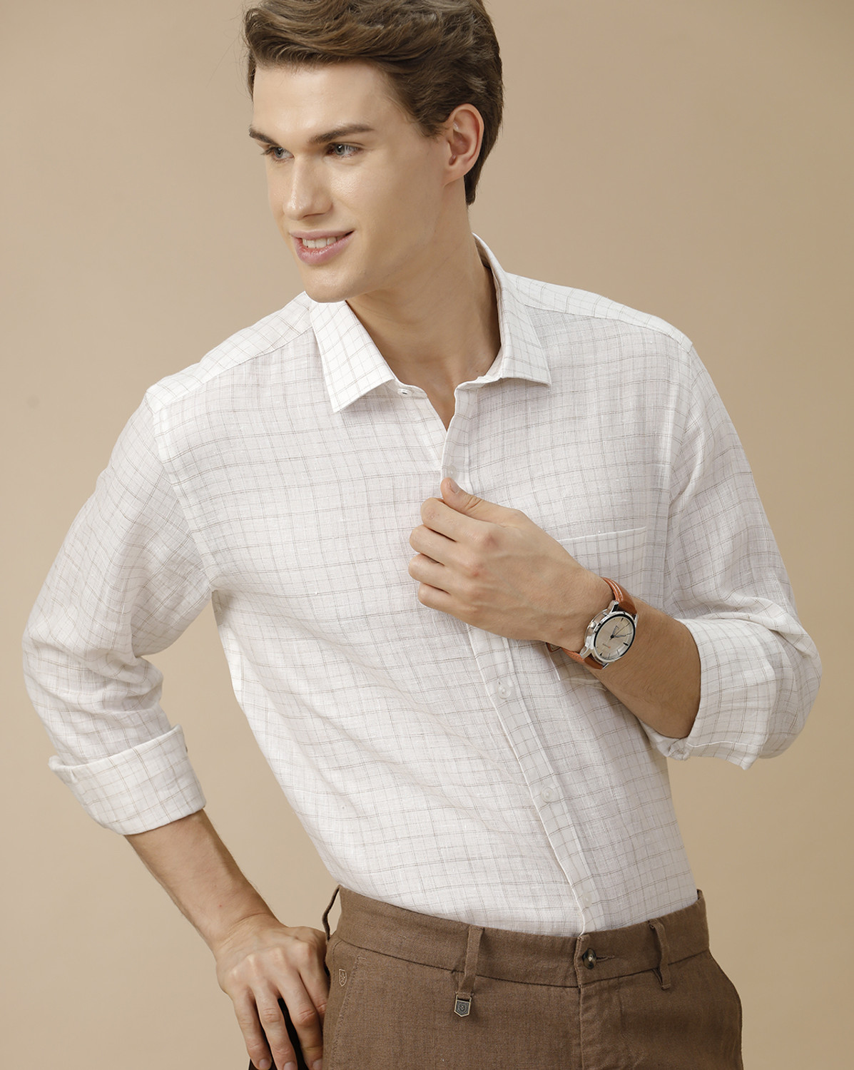 Image of Linen Club Men Checkered Casual White Shirt