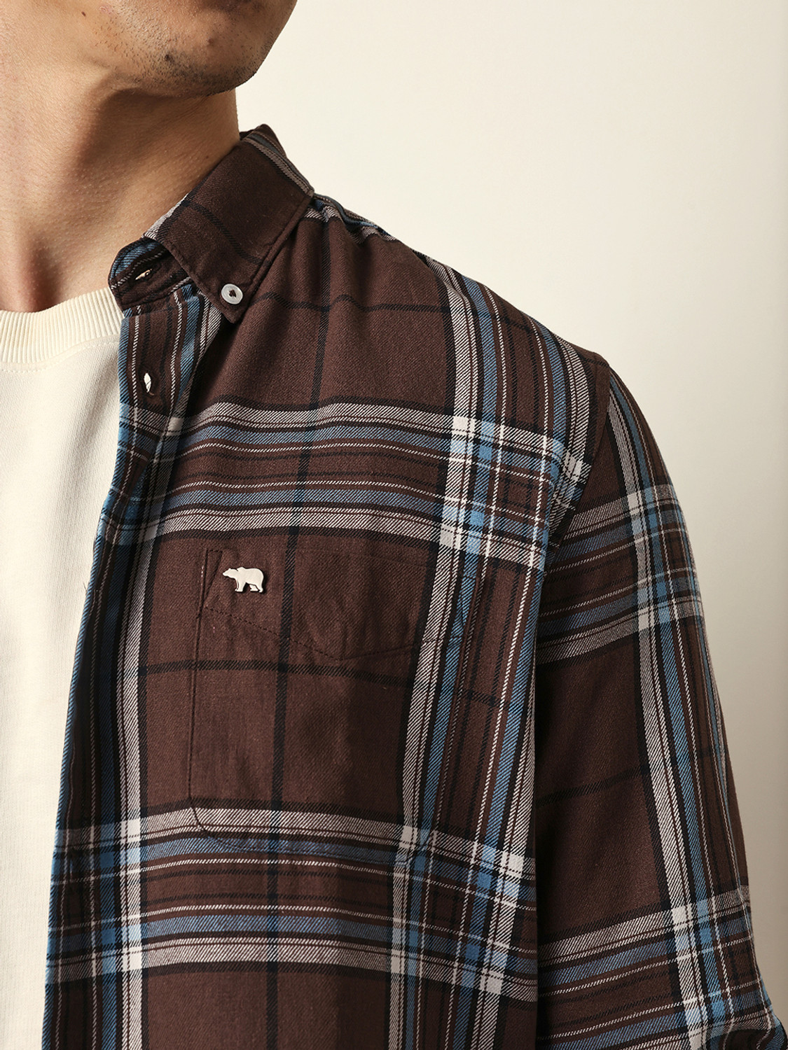 Image of THE BEAR HOUSE Men Checkered Casual Brown Shirt
