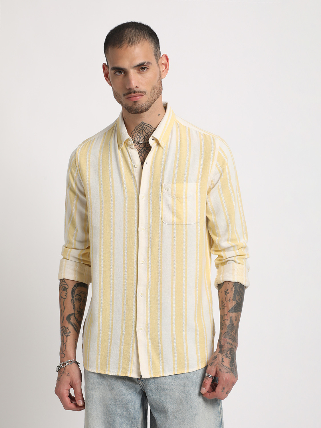 Image of THE BEAR HOUSE Men Striped Casual Yellow, White Shirt