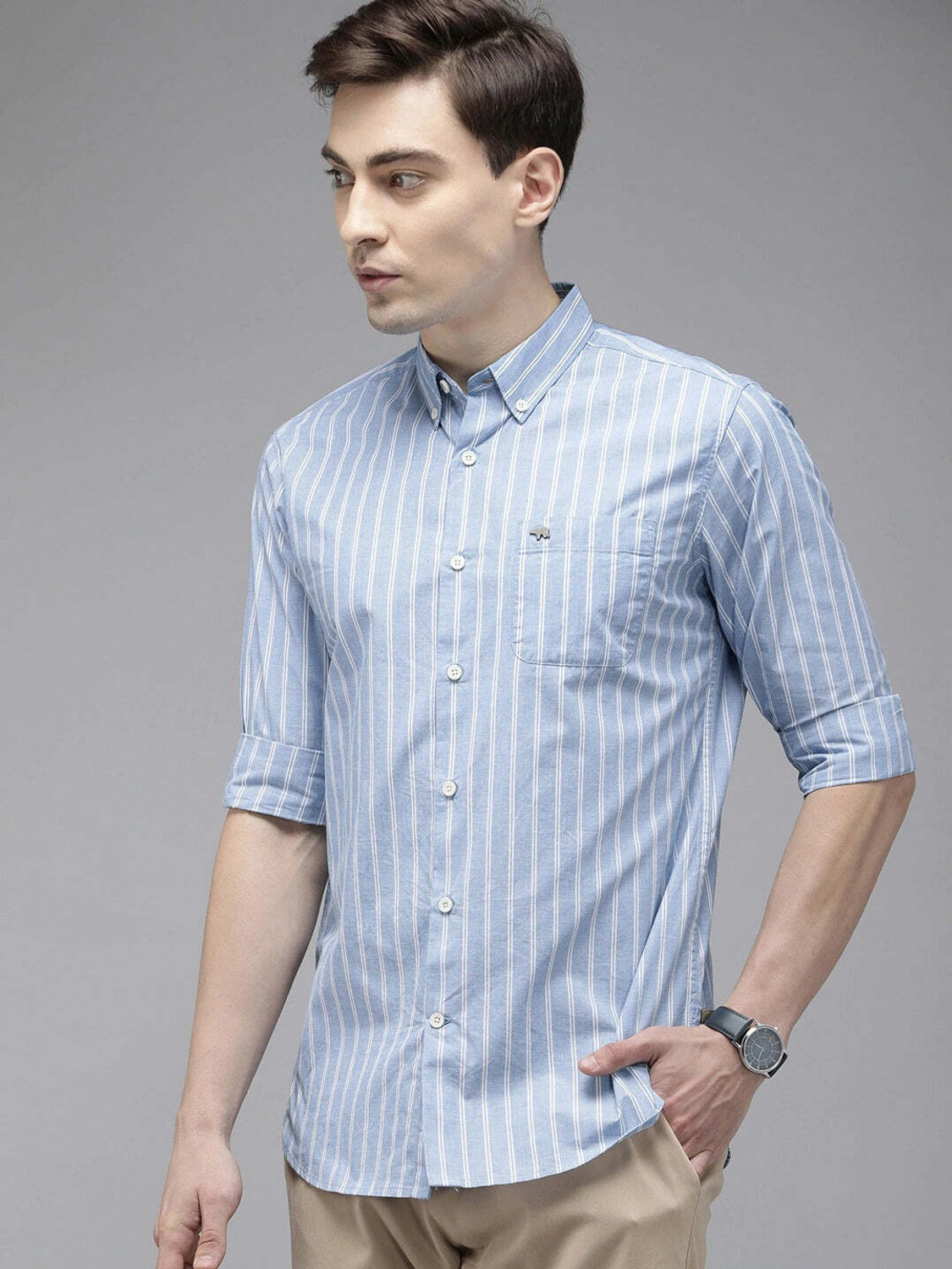 Image of THE BEAR HOUSE Men Striped Casual Blue Shirt