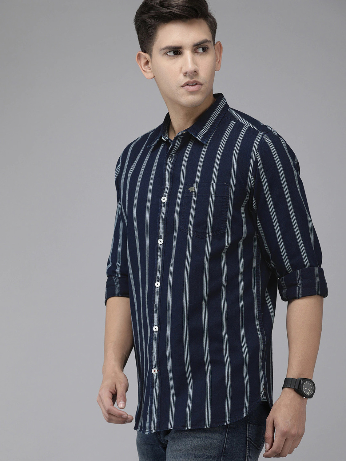 Image of THE BEAR HOUSE Men Striped Casual Blue Shirt