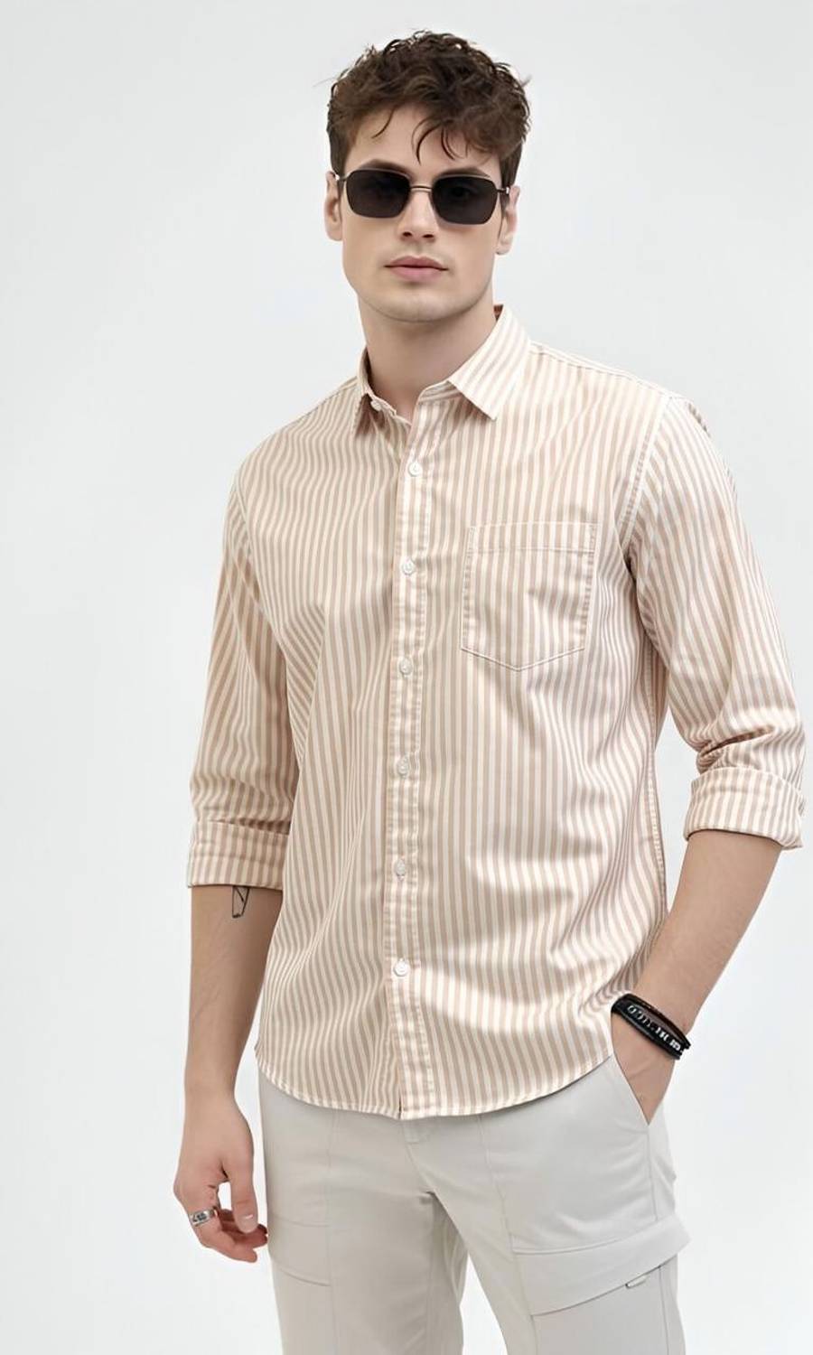 RODEIZ Men Striped Casual Beige Shirt - Image 3