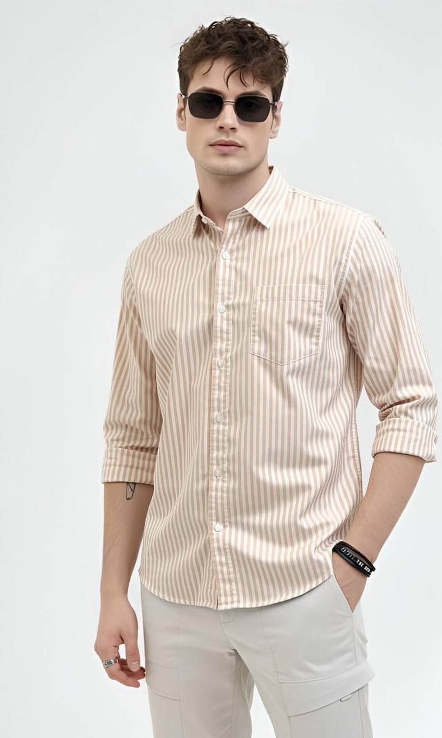 Image of RODEIZ Men Striped Casual Beige, White Shirt
