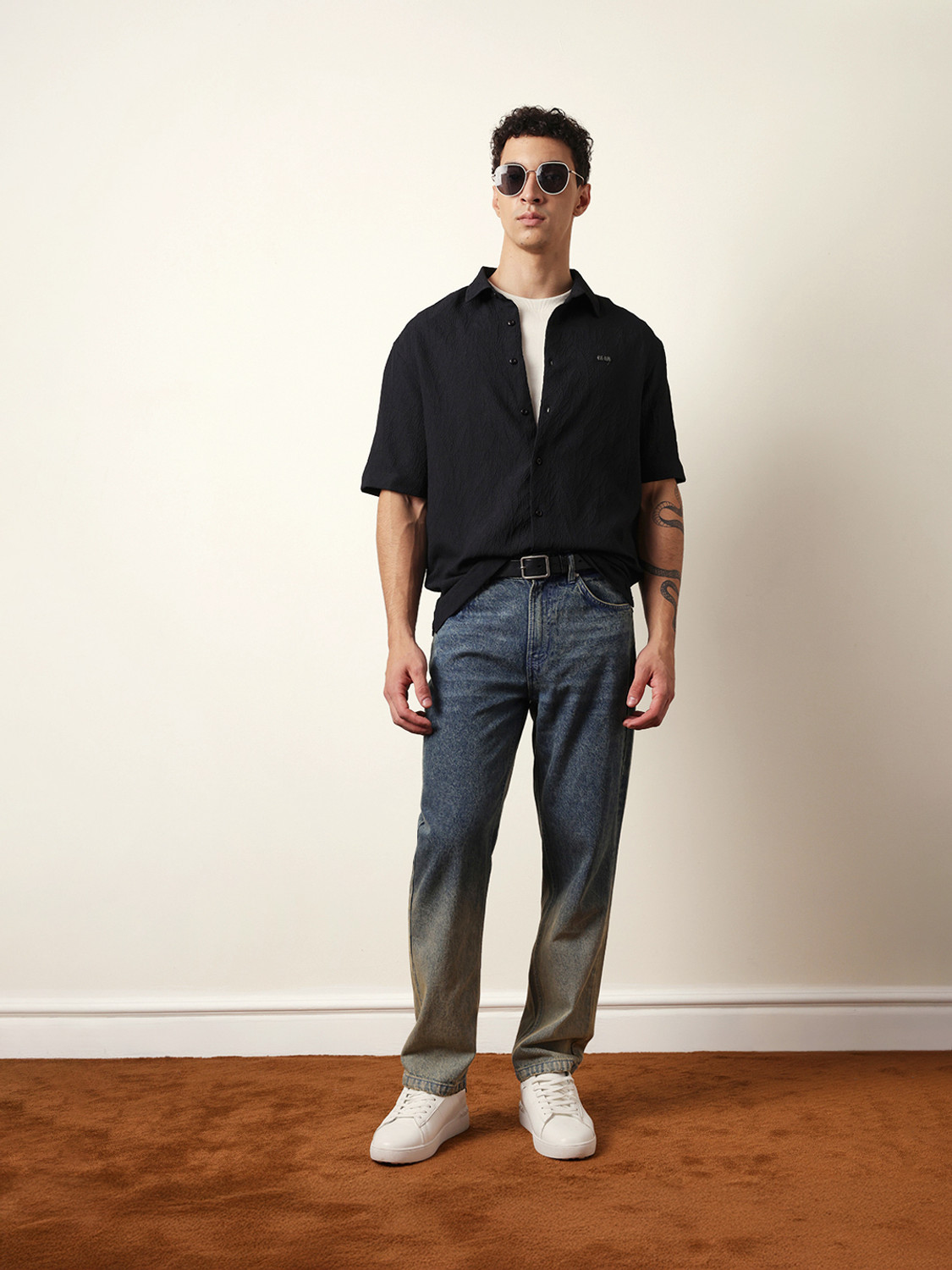 Image of THE BEAR HOUSE Men Solid Casual Black Shirt