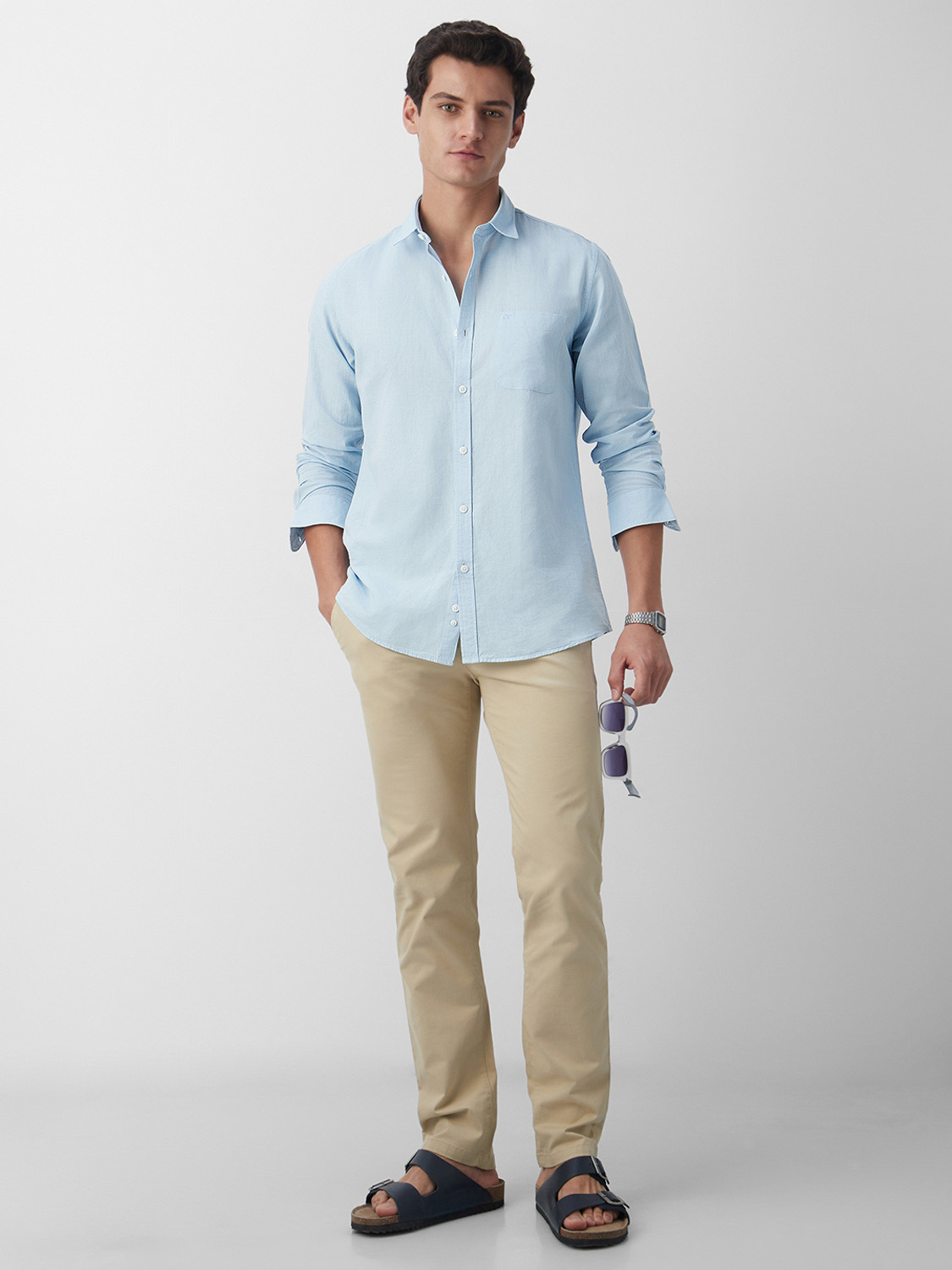 Image of PETER ENGLAND Men Solid Casual Light Blue Shirt