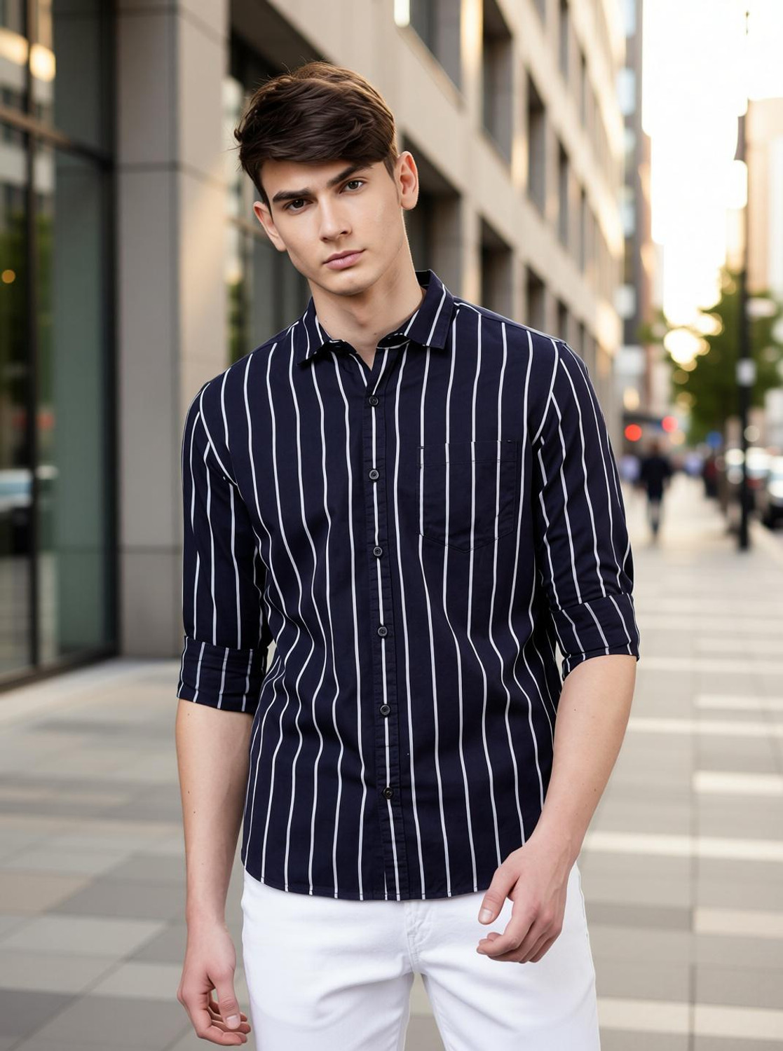 Image of aadi Men Striped Casual Black Shirt