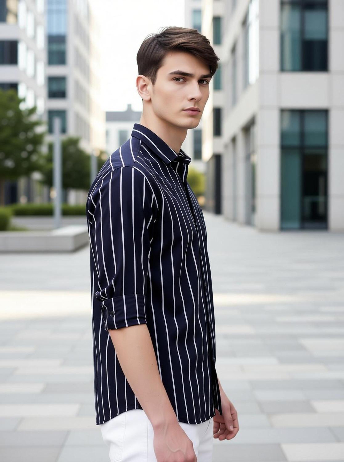 Image of aadi Men Striped Casual Black Shirt
