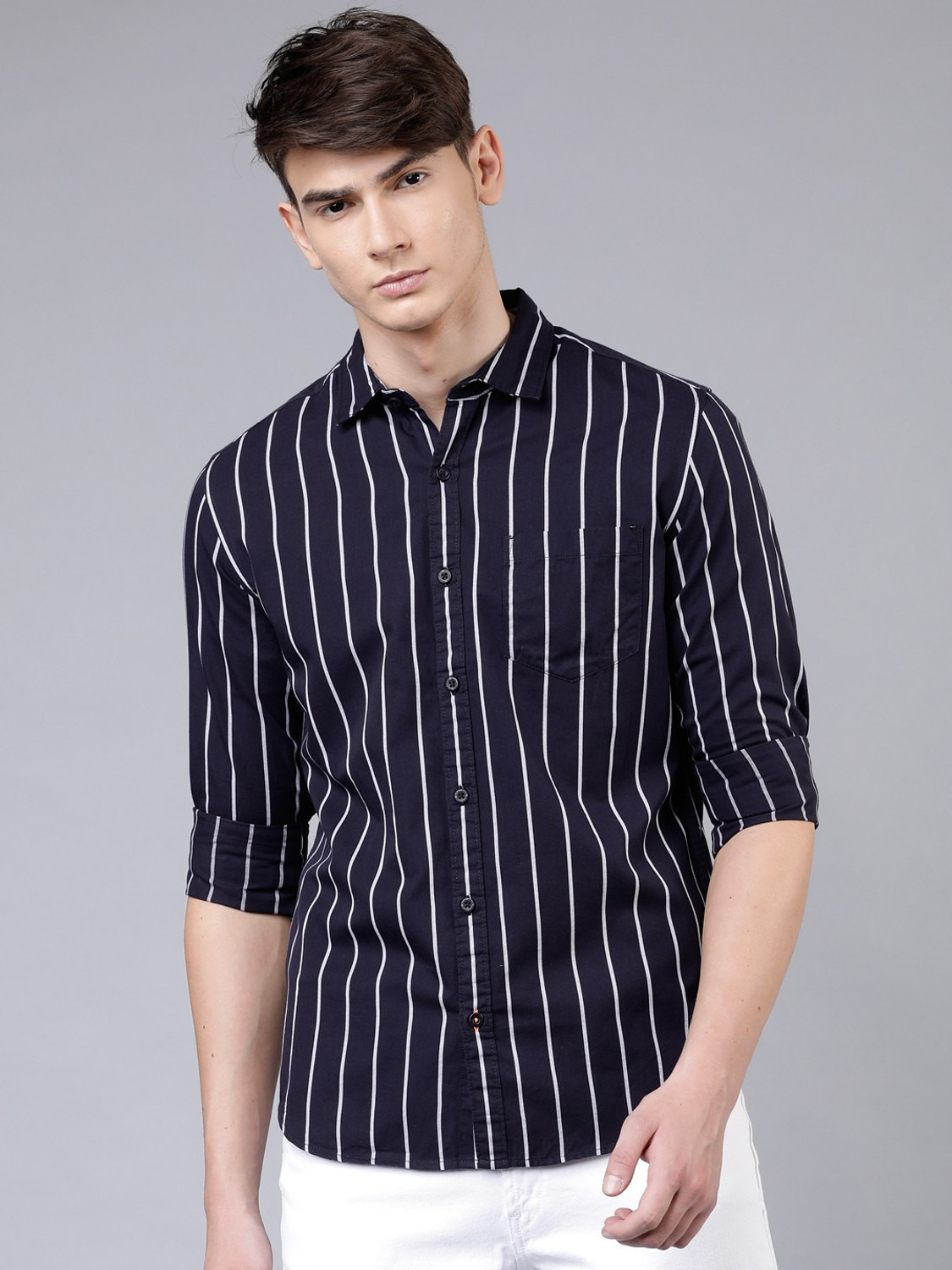 Image of aadi Men Striped Casual Black Shirt