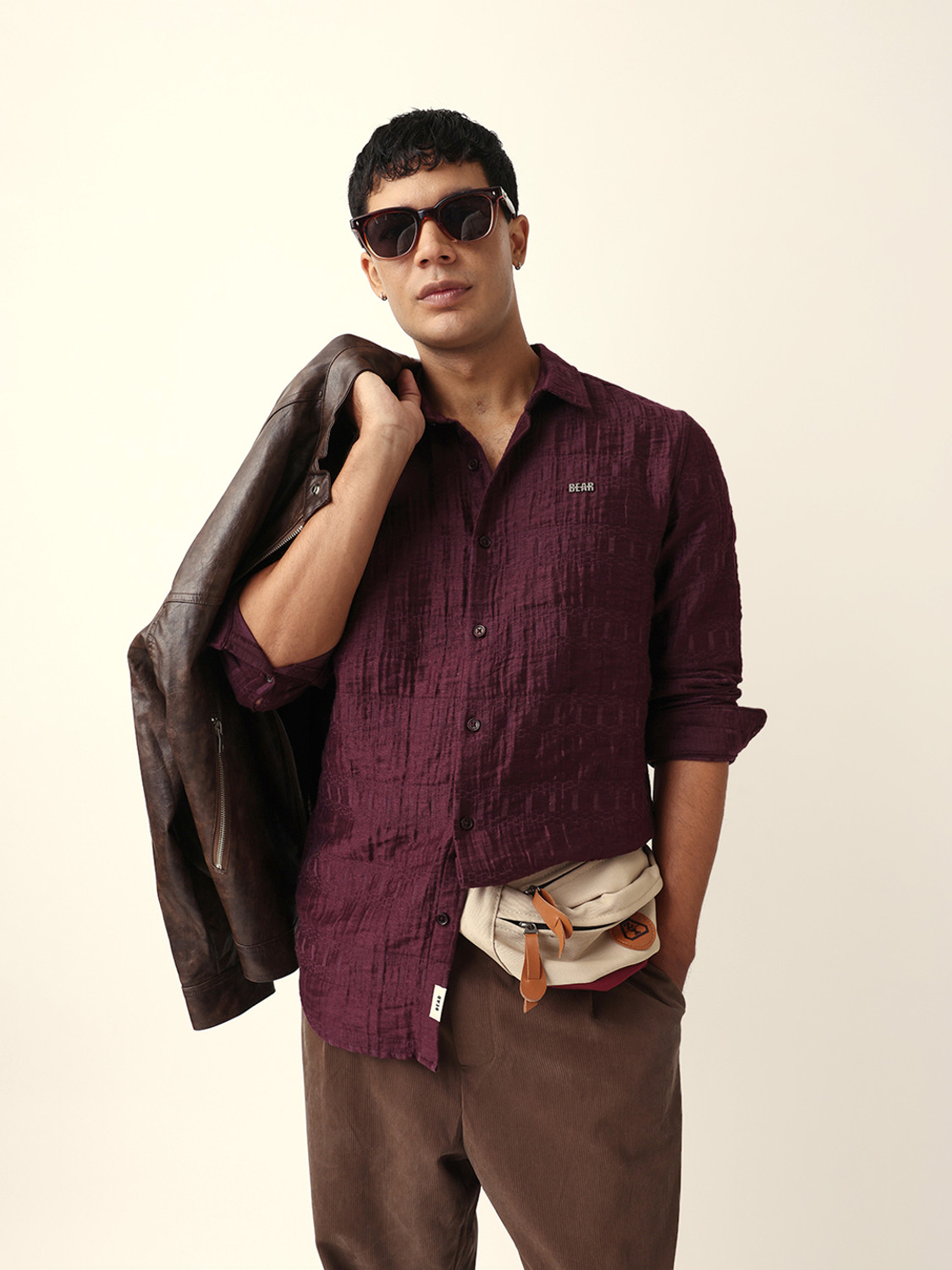 Image of THE BEAR HOUSE Men Self Design Casual Maroon Shirt