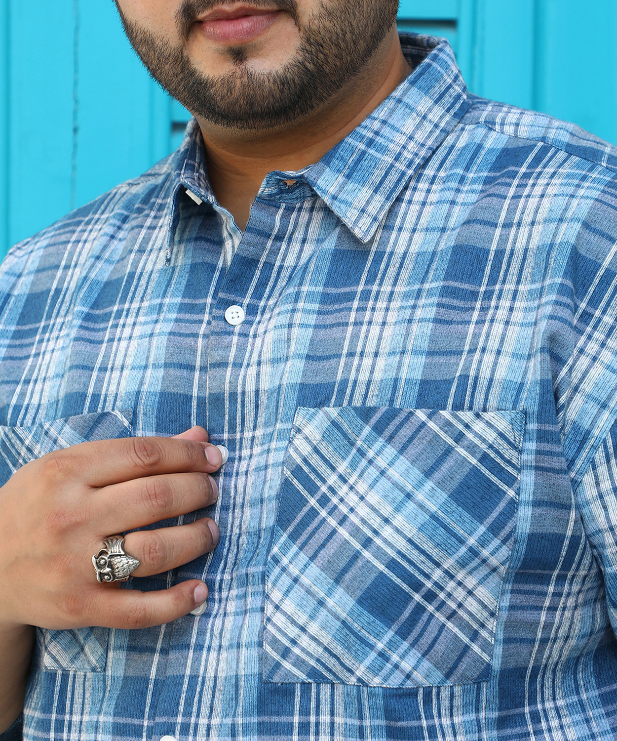 Image of Instafab Plus Men Checkered Casual Blue Shirt