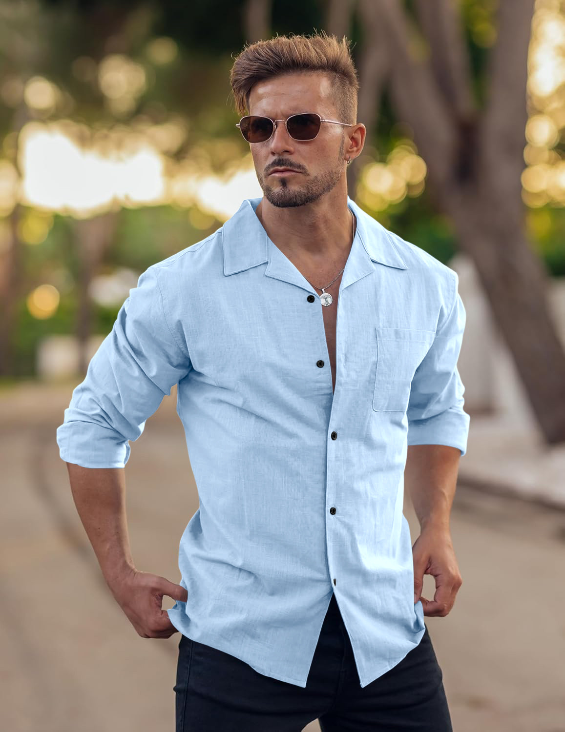 Image of ZARTHA Men Solid Casual Light Blue Shirt