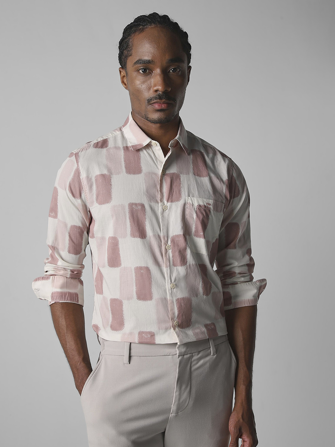 Image of MUFTI Men Printed Casual Pink Shirt