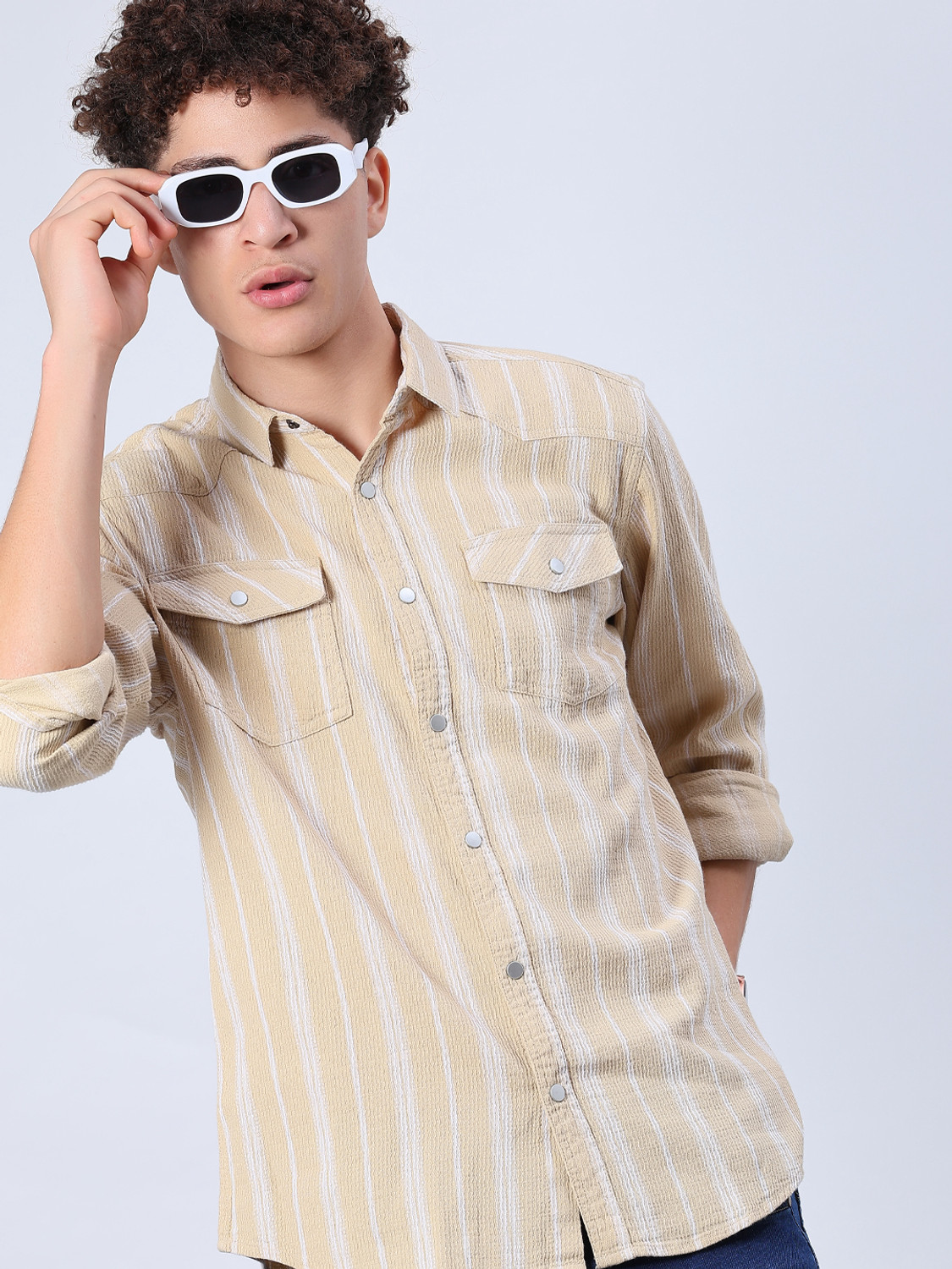 Image of V-MART Men Striped Casual Beige Shirt