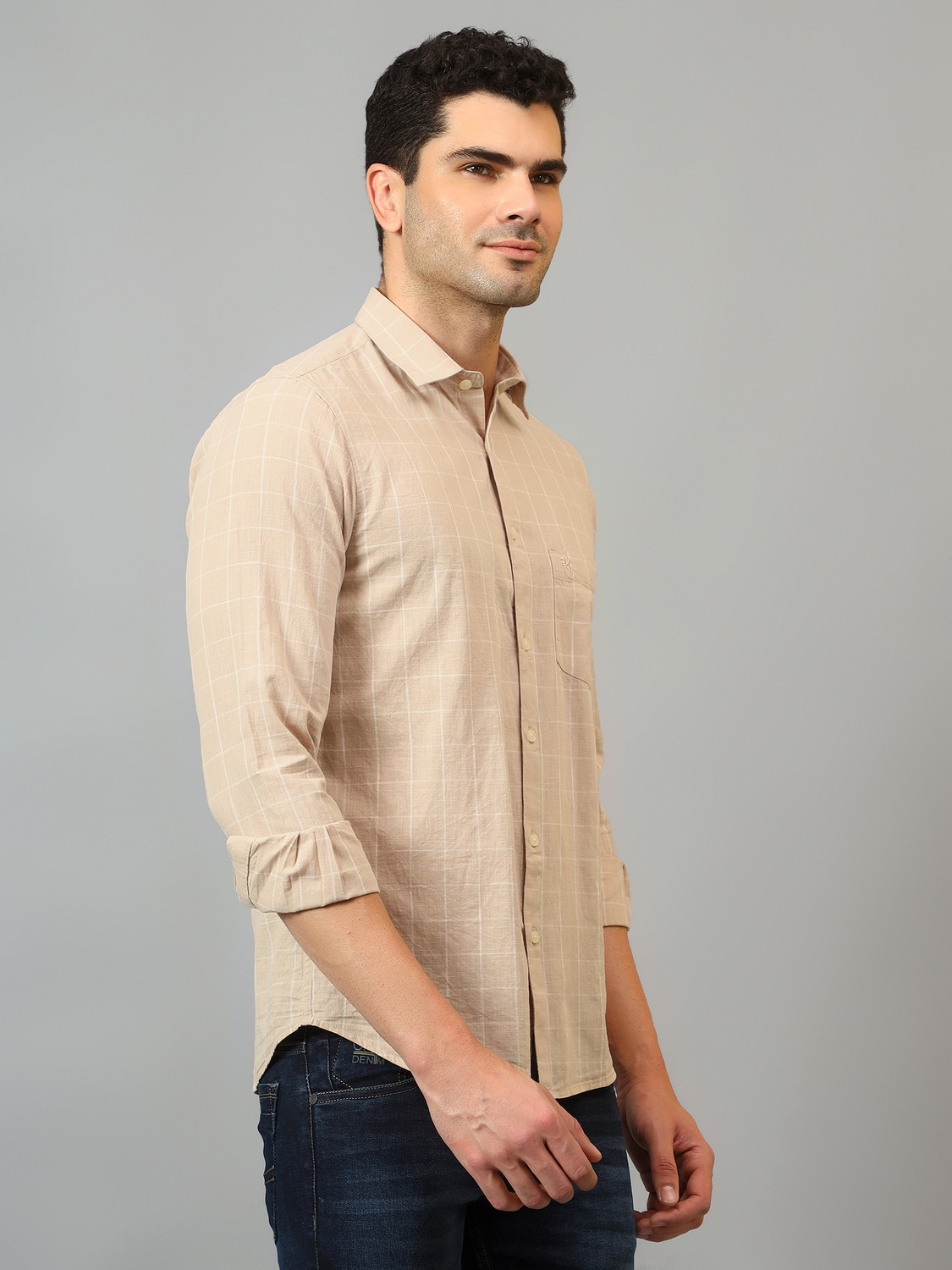 Image of CANTABIL Men Checkered Casual Beige Shirt