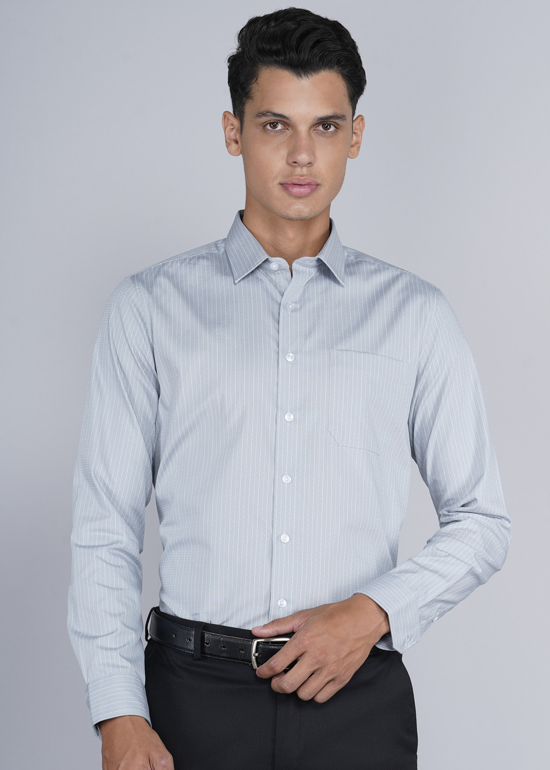 Image of LOUIS PHILIPPE Men Striped Formal Grey Shirt