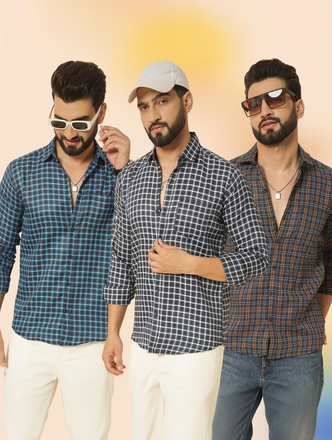 Image of youth first Men Checkered Casual Brown, Blue Shirt