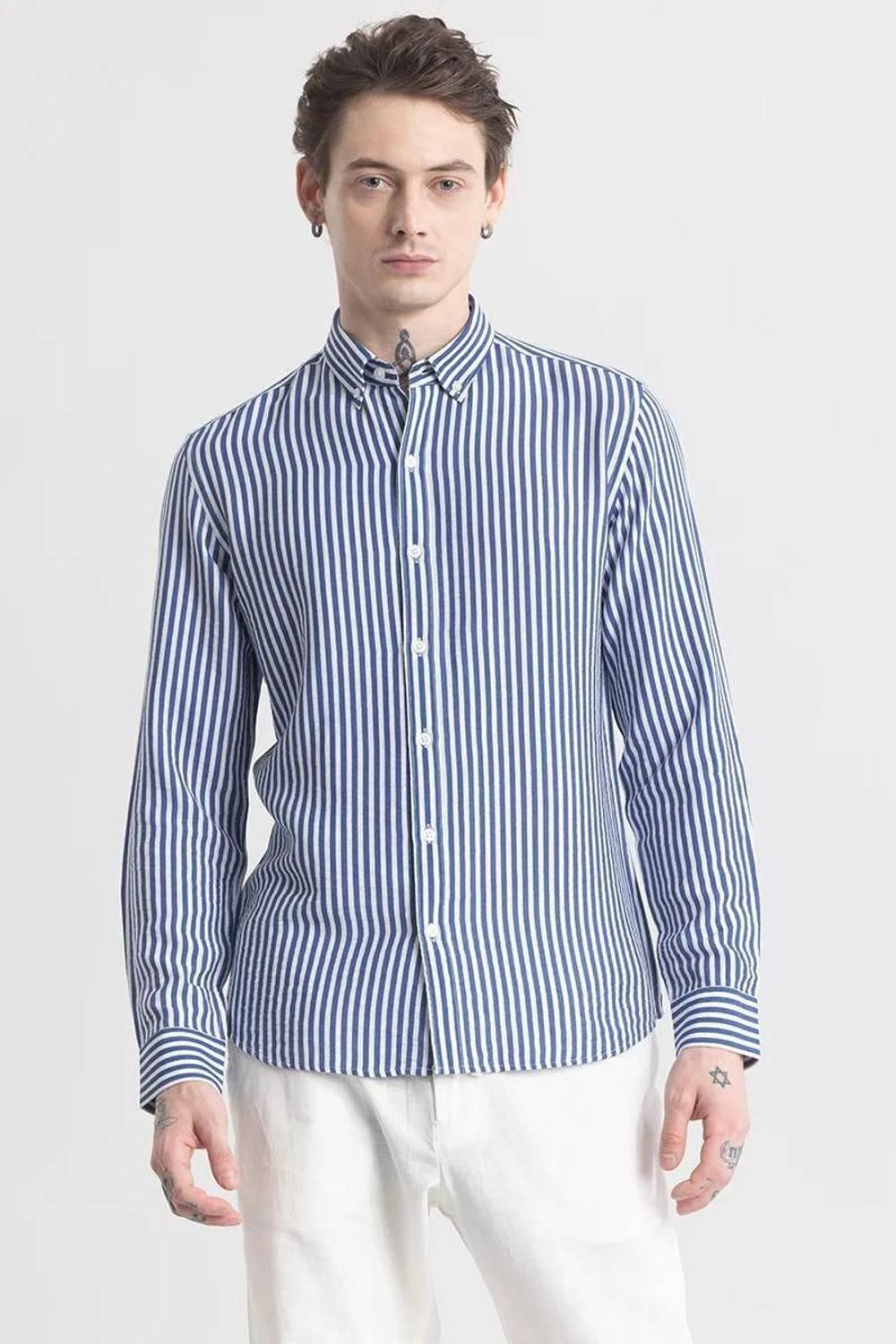 DivaNX Men Striped Casual White Blue Shirt - Image 2